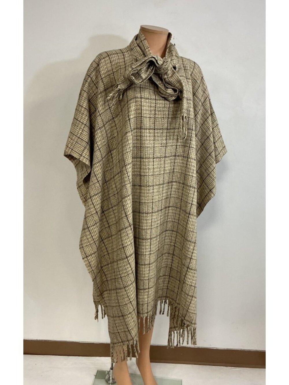 Vintage Plaid Wool Kaftan Cape Poncho Coat with Attached Scarf